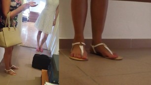 Hot blonde girl's sandals cummed 2 - she puts them on!