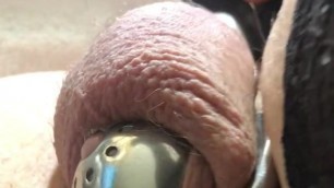 Handsfree cum while in chastity, fucking myself with a dildo