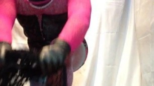 Show Sissy bitch pink bodystocking black with masturbation