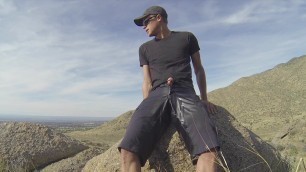 Pissing in black shorts while driving and hiking