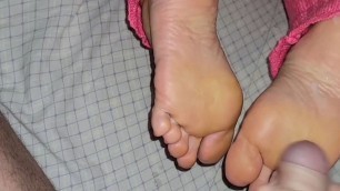 I helped my stepson to cum, footjob and cum on my soles.